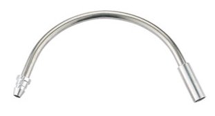 A curved stainless steel flexible hose with metal connectors on both ends, isolated on a white background.
